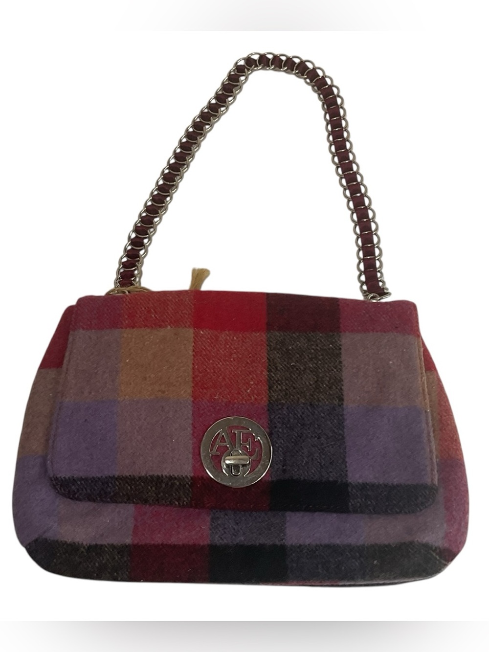 American Eagle Plaid Crossbody Bag Pink Red Black Wool Chain Strap Purse